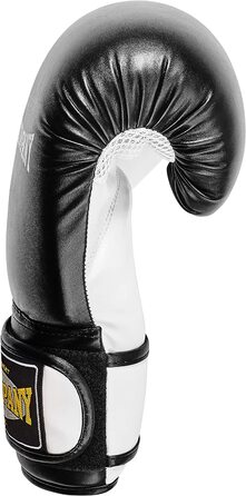 Рукавички для боксу Bad Company зі штучної шкіри з системою вентиляції і широким боксерським ремінцем на липучці в різних колірних поєднаннях для тренувань з боксу, спарингу і кікбоксингу I ваговій категорії 10 унцій - 16 унцій (14 унцій), чорно-білі)