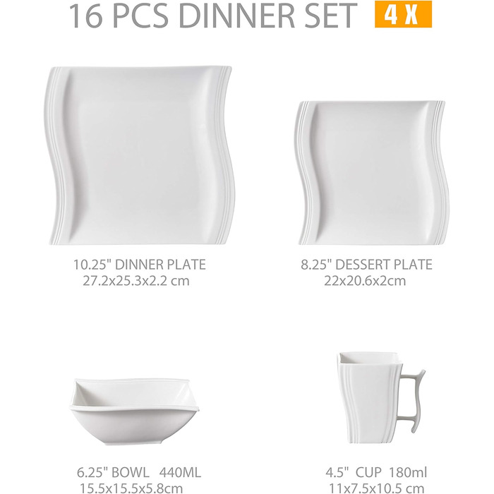 MALACASA Комплект посуду серії Flora – 60 предметів для 12 осіб – кремово-білий порцеляновий сервіз з квадратним дизайном (тарілки, чашки, блюдця) – підходить для миття в посудомийній машині та для використання в мікрохвильовій печі, білий