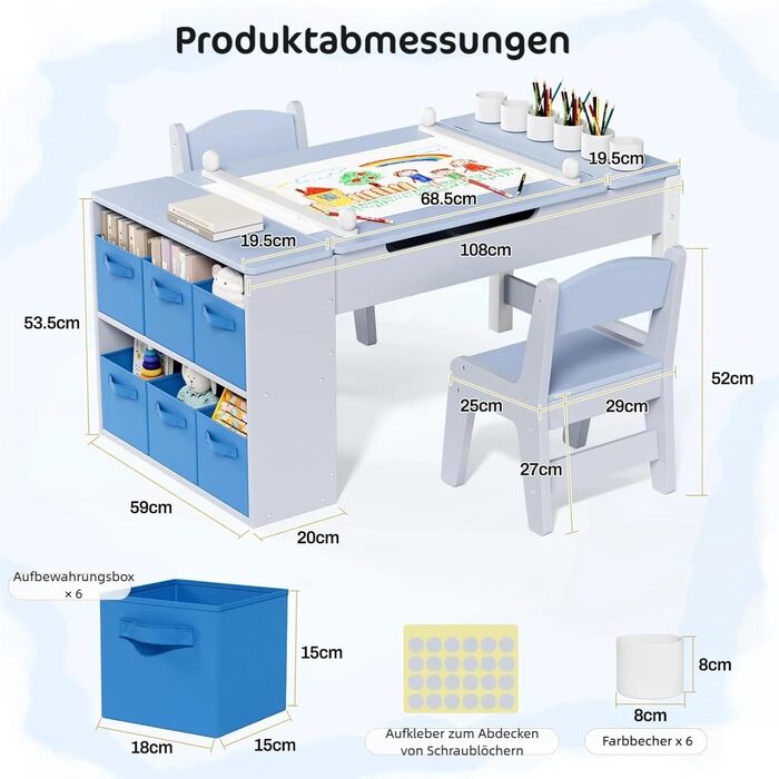 Дитячий стіл зі стільцями, комплект з дерева, дитяча група сидіння з місцем для зберігання, стіл для малювання з рулоном паперу, стіл для малювання та рукоділля для дітей від 3 років (Блакитний)