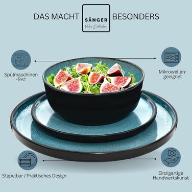 Набір посуду SÄNGER Vigo Kombiservice 30 тг. для 6 осіб: тарілки, чашки, паста, стелінг. Блакитний посуд з чорним обідком. Мікрохвильовка, посудомийна машина, стійкий до подряпин.