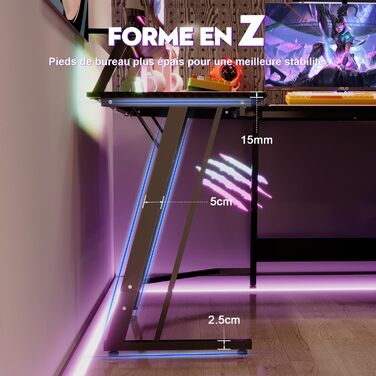 Ігровий кутовий стіл Devoko 130x130 см з LED RGB-підсвічуванням, підставкою для монітора та гачком для навушників, карбоновий білий колір