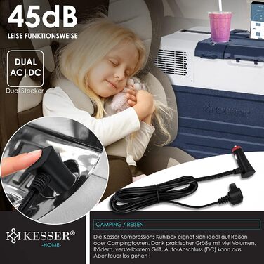 KESSER® Холодильник-морозильник компресорний електричний 42л, -20°C, з керуванням через додаток, USB, 12/24/230V, телескопічна стійка, колеса, для авто, вантажівки, човна, блакитний