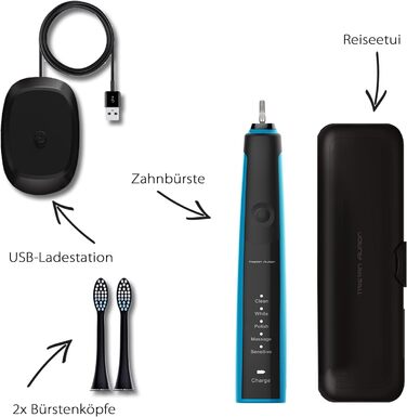 Електрична зубна щітка Tristan Auron SonicMaster (Блакитна) - 5 режимів, 55,000 VPM, таймер 2 хв, 6 насадок + чохол для подорожей. Без ризику - 100 днів тестування, акумулятор - 60 днів.