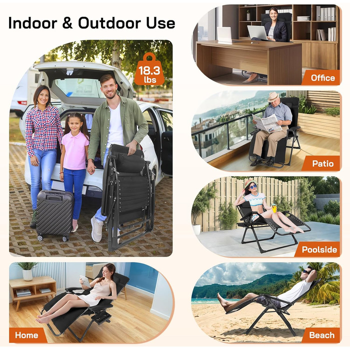 Шезлонг для відпочинку, розкладний, широке сидіння 72 см, для саду, патіо, пляжу, басейну, з подушкою, витримує до 200 кг