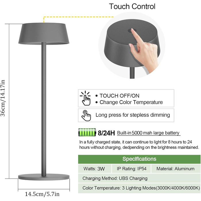 Набір з 2 світлодіодних акумуляторних настільних ламп з можливістю затемнення бездротова сенсорна IP54 на вулиці, темно-сіра 3000K6000K USB-C