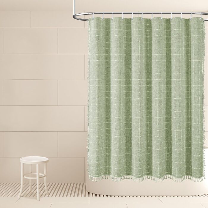 Завіса для душу Sage Green - Фармхаус Boho Modern з льону для ванної кімнати, Вінтажна Country, важка, з бахромою, Chic Bohemian, 48x72 см (1 шт.)