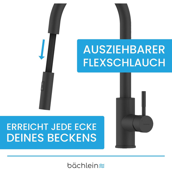 Змішувач для кухні Bchlein Plivo - Змішувач для раковини з одним важелем, поворот на 360, нержавіюча сталь, розсувний, чорний