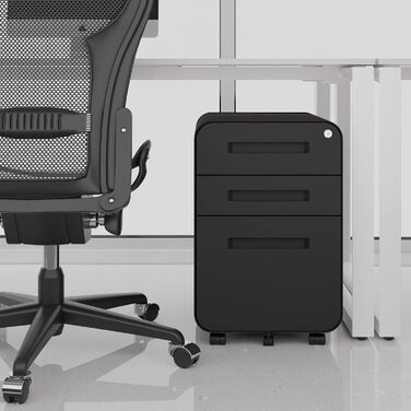 Роликовий контейнер DeHong з металу, мобільний офісний шафчик з 3 висувними ящиками, офісний контейнер, з можливістю замка та регульованих папок, збірно-розбірний, для офісу, дому, чорний