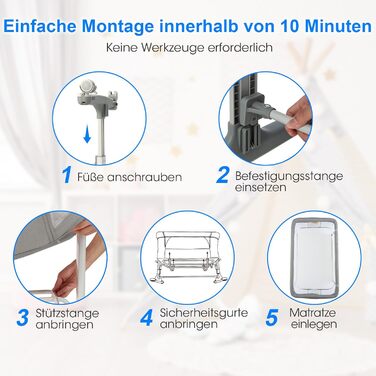 DREAMADE Beistellліжко 2-в-1 з регулюванням висоти, 5-рівнів, для новонароджених, з матрацом та колесами, 86 x 63 см, нахил 10°, сірий колір