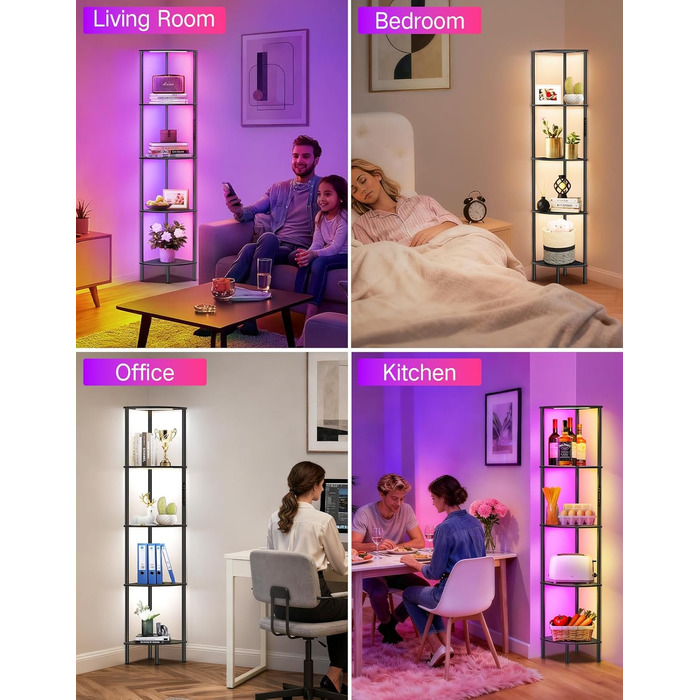 LED торшер з полицею, 3 режими світла, димування сенсором та пультом, кутова полиця з 5 рівнями, вузька книжкова шафа для вітальні, спальні, офісу (Чорний з RGB)