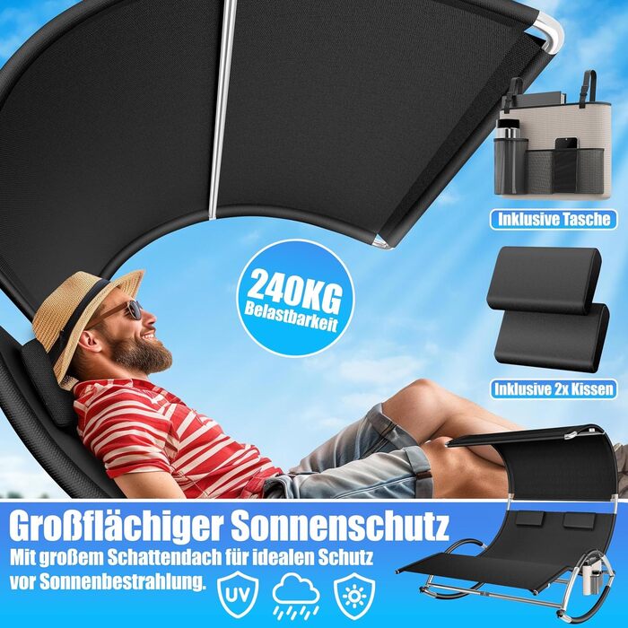 Кесер® Подвійна шезлонг для відпочинку з сонцезахисним дахом, подушкою для голови та кишенею для 2 осіб, чорний