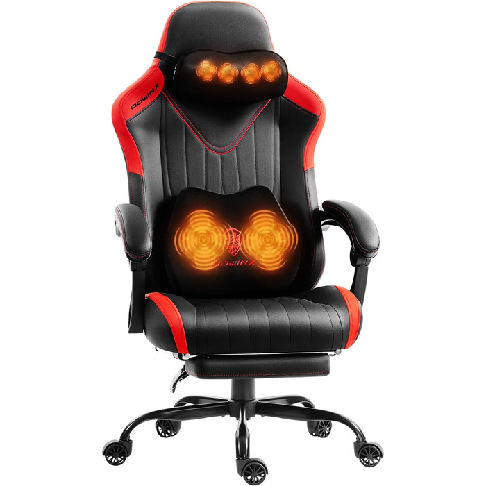 Ігровий крісло Dowinx з масажем, ергономічний дизайн, підтримка попереку та шиї, до 135 кг, шкіра, чорний (червоний)