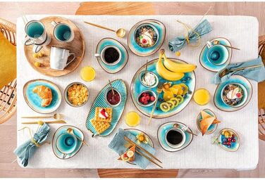 Набір посуду SINGER Capri 12 шт, набір тарілок на 4 персони, порцеляновий посуд, включаючи обідні тарілки, десертні тарілки та глибокі тарілки, обідній сервіз ручної роботи, бірюзово-блакитний набір посуду з сірим обідком (сервірувальна тарілка)
