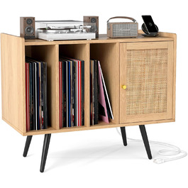 COSTWAY Стійка для програвача з зарядкою, стіл для зберігання вінілових платівок, меблева шафа з ротангу та дерева, підставка для 220 платівок, 80 x 40 x 65 см (натуральний колір)