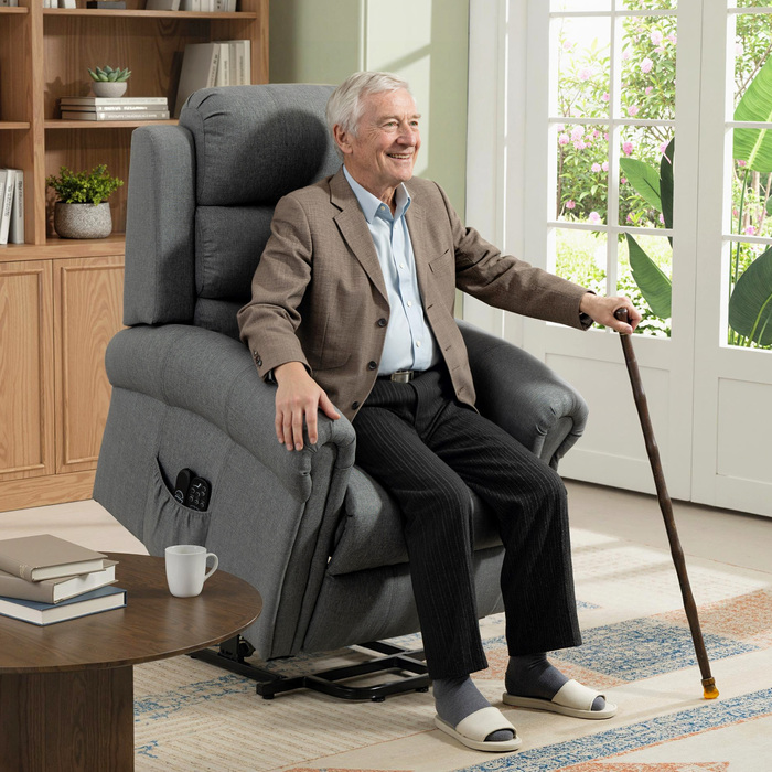 Крісло-масажер з підйомним механізмом, крісло для відпочинку, з функцією вібрації, регульоване нахилом, з текстурою льону, сірого кольору