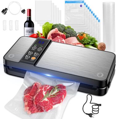 Вакууматор 8-в-1 для сухої та вологої їжі, вакуумний пакувальник 80 кПа з вбудованим різаком, відсіком для пакетів та цифровим таймером (Чорний)