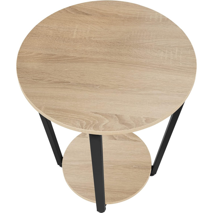 Круглий журнальний стіл tectake з дерева та металу, промисловий дизайн, журнальний столик з 2 полицями, для спальні вітальні, Ø 50 х 62,5 см, чорний металевий каркас (світле індустріальне дерево, дуб сонома)