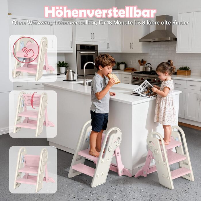 Дитячий підсходильник Onasti Tritthocker, регульована висота, 3 сходинки, з ручками, складний, анти-ковзний, для кухні, ванної кімнати, умивальника та туалету (Сірий) Сіро-білий (Рожевий)