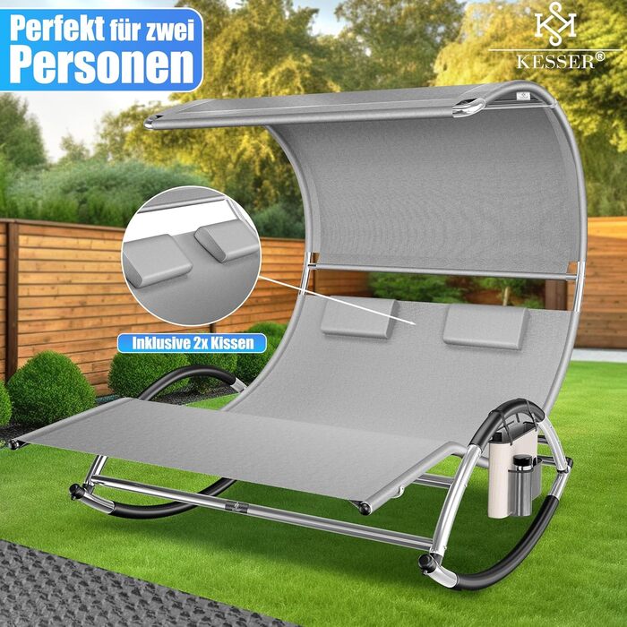 Кесер® Подвійна шезлонг для відпочинку з сонцезахисним дахом, подушкою для голови та кишенею для 2 осіб, садова шезлонг, 240 кг, сірий
