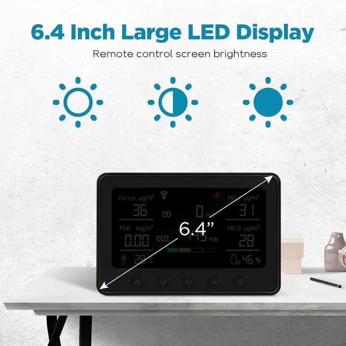 Вимірювач якості повітря Therm La Mode CF-30 зі Smart-додаток: виявлення забруднювачів, пилку, CO2, PM2.5, PM1.0, формальдегіду, температури. Великий LCD-дисплей