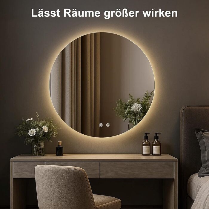 LED дзеркало для ванної кімнати з підсвічуванням, кругле, диммер, 3 кольори світла (3500K-6500K), сенсорне управління, антизапар, для макіяжу та гоління (50см фонова підсвітка)
