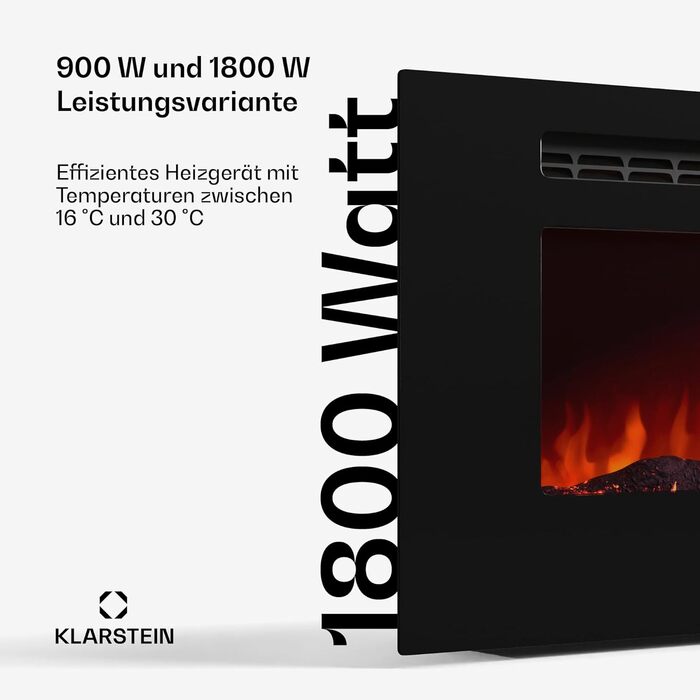 Електрокамін Klarstein Galeras Smart 1800 Вт, LED-полум'я, керування через додаток та пульт, регулювання кольору і яскравості, захист від перегріву, настінний, чорний, 178×47×13 см