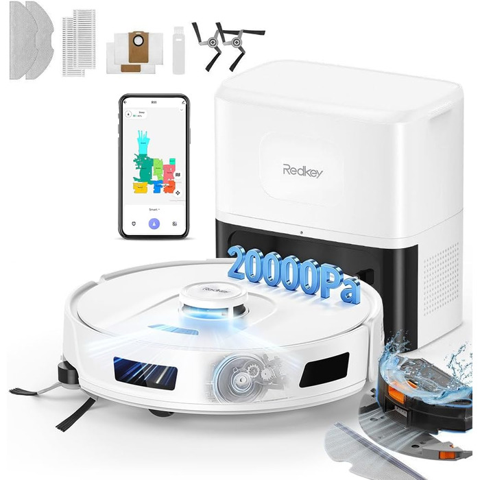 Робот-пилосос Redkey R11 з функцією миття, 20000Pa, док-станція 4L, захист від намотування волосся, LiDAR навігація, керування через додаток, для килимів та шерсті тварин