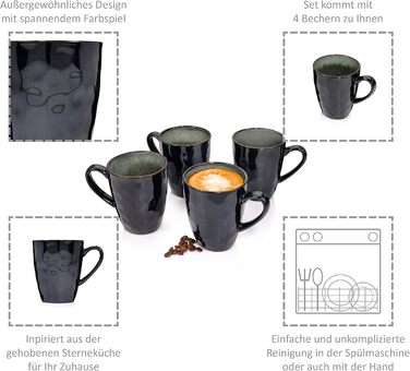 Набір кавових чашок SÄNGER Kopenhagen 8 шт., кавовий сервіс на 4 особи, чашки та блюдця, безпечні для миття в посудомийній машині, з кераміки, сірий колір з зеленою внутрішньою стінкою, 200 мл | PREMIUM COLLECTION