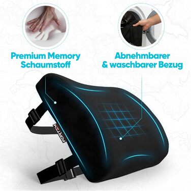 Подушка під поперек FORTEM з ефектом пам'яті для авто, ігрового та офісного стільця, ергономічна підтримка спини з дихаючою знімною обробкою (Чорний велюр)