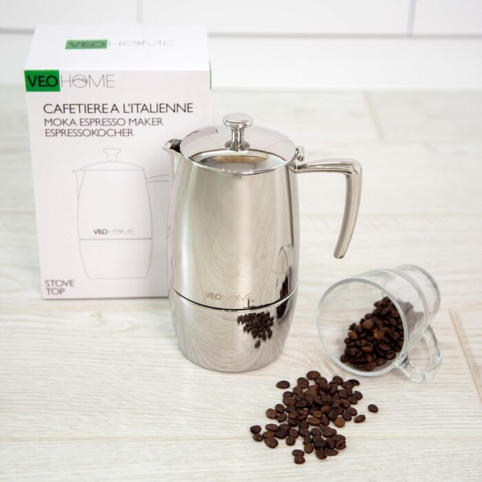 Mokka Pot VeoHome: Кавоварка гейзерна на 10 чашок, 500 мл, нержавіюча сталь, італійська, для Induktion, Gas, Keramik, Elektrik, без алюмінію, з подвійним фільтром