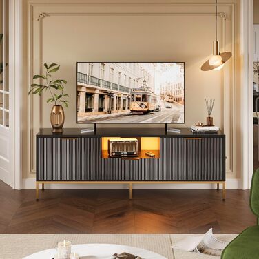 Тумба під ТВ Bestier для телевізора 55/60 дюймів, глянцево-чорна: сучасна медіа-консоль з полицями для вітальні та спальні