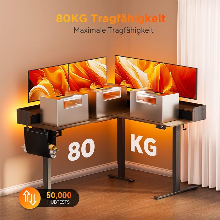 Регульований кутовий стіл L-подібної форми, електричний, 160 x 140 см. З 3 висувними ящиками, для офісу, геймінгу. Чорний горіх.