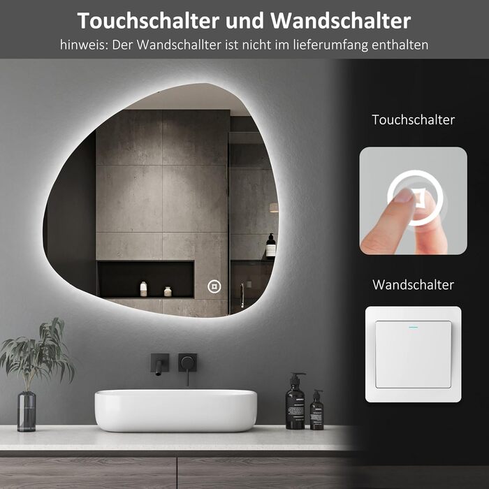 Асиметричне дзеркало для ванної кімнати Boromal з підсвічуванням 80x80 см LED, сенсорне керування, 3 кольори світла, регулювання яскравості