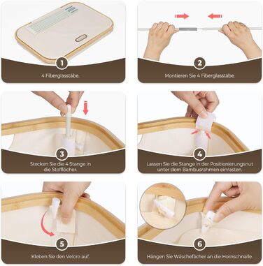 Кошик для білизни OUSFOT з кришкою, 3 відділення, 158л, сортер для білизни, знімний мішок, сітчаста кишеня, бамбукова коробка для білизни, бежевий