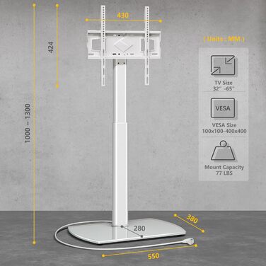 Підставка для телевізора біла, на підлогу, для 32-65 дюймів, до 35 кг, регульована висота, поворотна, VESA 400x400 мм