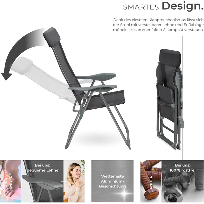 Шезлонги Tectake® 4 шт. - регульовані, з підставкою для ніг, легкі, складані, для саду, балкону, кемпінгу (Антрацит)