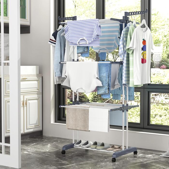 Сушарка для білизни вертикальна SIMPDIY, розкладна башта-сушарка з 6 крилами та 2 бічними панелями, мобільна сушарка на колесах для дому та вулиці, сіра