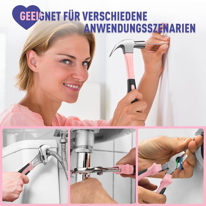 Набір інструментів Sundpey 148 предметів в кейсі - рожевий, з викрутками, ключами, плоскогубцями та тестером напруги для дому та майстерні