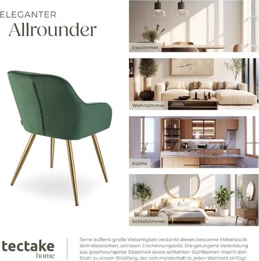 Крісло tectake® з оксамиту, сучасні кухонні стільці, крісло для вітальні, стілець для туалетного столика - (набір 1 шт, темно-зелений/золотий)