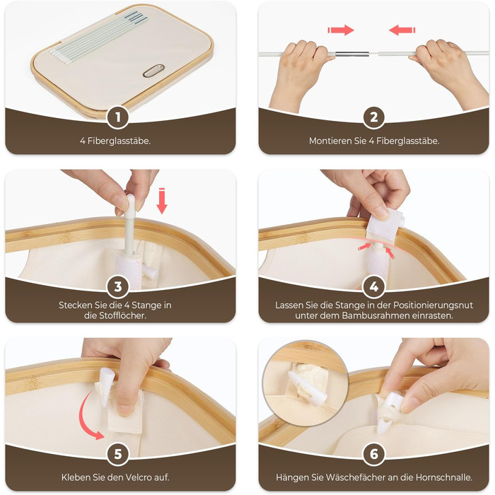 Кошик для білизни OUSFOT з кришкою, 3 відділення, 158л, сортер для білизни, знімний мішок, сітчаста кишеня, бамбукова коробка для білизни, бежевий