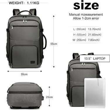 KONO Рюкзак для ручної поклажі в літак, великий, водонепроникний, 55 x 35 x 20 см, 38L, Cyangrau