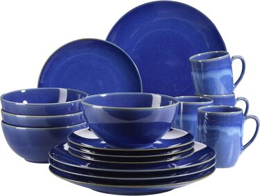 Набір посуду MSER 931545 Ossia на 4 персони в середземноморському вінтажному стилі, комбінований сервіз із 16 предметів, кераміка (темно-синій)