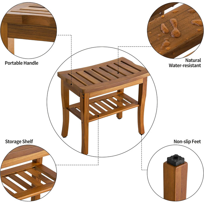 Дерев'яний душовий стілець VaeFae з текового дерева - стійкий, легкий, з полицею, для ванної кімнати