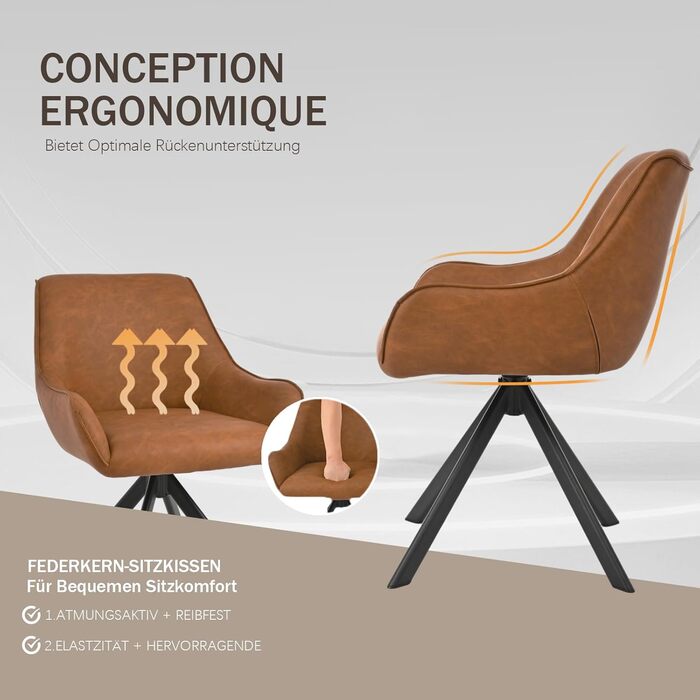 Обідні стільці поворотні, набір 4 шт. з підлокітниками, коричневі. Сучасні стільці для кухні, вітальні, офісу з металевим каркасом та спинкою. Зручні, з м'яким сидінням з льону.