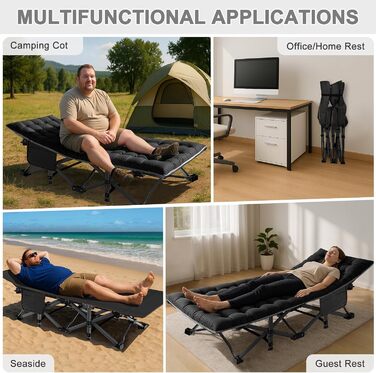 Розкладне кемпінгове ліжко з матрацом та кишенями, сталевий каркас, Oxford, витримує до 200 кг, 190x71x36 см, чорне