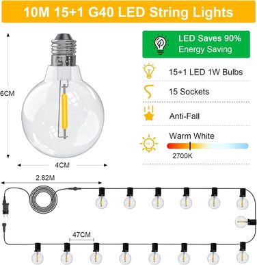 Світлодіодний струнний світильник на відкритому повітрі 10 м, з можливістю затемнення, 16 теплих білих лампочок G40, IP44, для саду/балкона/вечірки