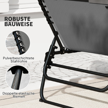 Набір з 2 розкладних шезлонгів для саду з подушкою для голови та регульованою спинкою (5 положень), з кишенею збоку, темно-сірого кольору.