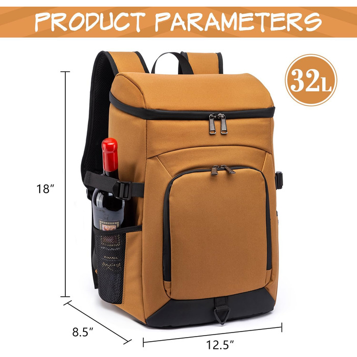 Рюкзак-холодильник Laripwit 54 літри, ізольований, з відділенням для холоду, коричневий - для пікніків, подорожей, кемпінгу, тактики, пляжу