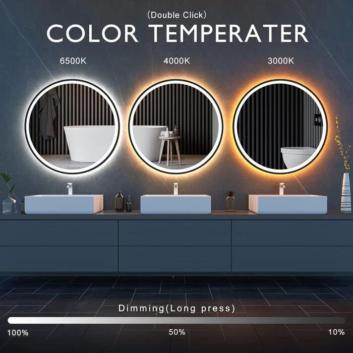 Дзеркало з LED сенсором, кругле, з індукційним датчиком руху, для макіяжу, з підсвічуванням, регульоване освітлення, антизапарник, водонепроникне (IP44), для ванної кімнати, настінне, діаметр 70 см