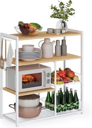 Стелаж кухонний VASAGLE з 2 металевими кошиками, рейли та полиці, для мікрохвильової печі, 35 x 80 x 93,5 см, золотий дуб + білий